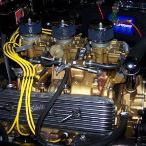 1953 Olds with '57 J-2, bored .125", ported heads, Fulton Headers, 3/4 Engel & Mallory Ignition.